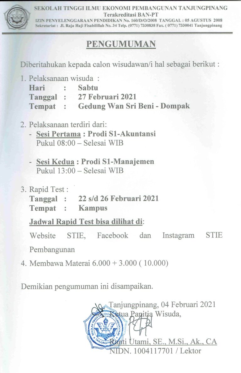 Pengumuman Wisuda Ke-X STIE Pembangunan Tanjungpinang