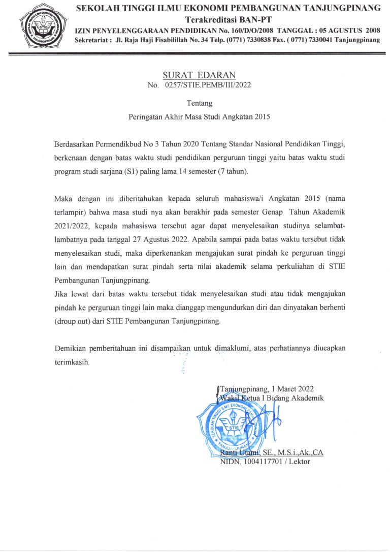 [PENTING] Peringatan Akhir Masa Studi Mahasiswa/i Angkatan 2015  Program Studi S1-Akuntansi dan S1-Manajemen