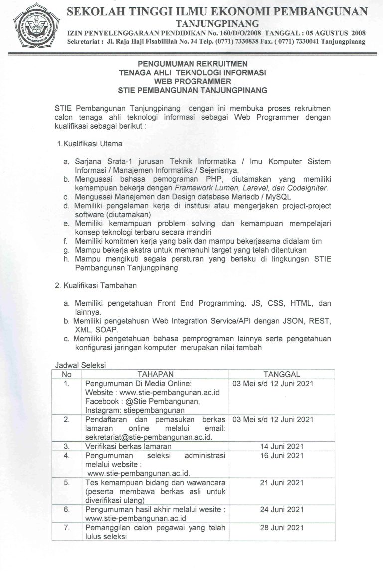 Open Recruitment Tenaga Ahli Teknologi Informasi Web Programmer STIE Pembangunan
