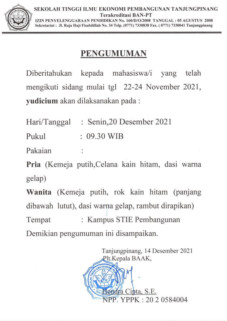 Pengumuman Yudicium, 20 Desember 2021