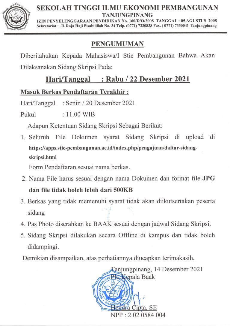 Pengumuman Pengajuan Sidang Skripsi, 22 Desember 2021