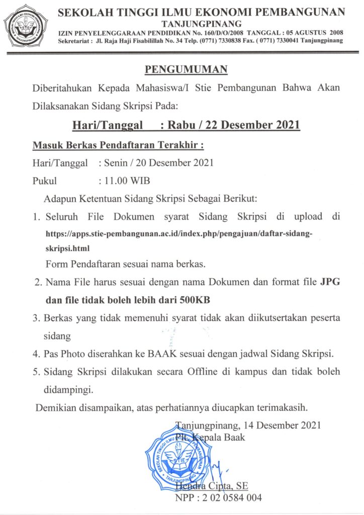 Pengumuman Pengajuan Sidang Skripsi, 22 Desember 2021