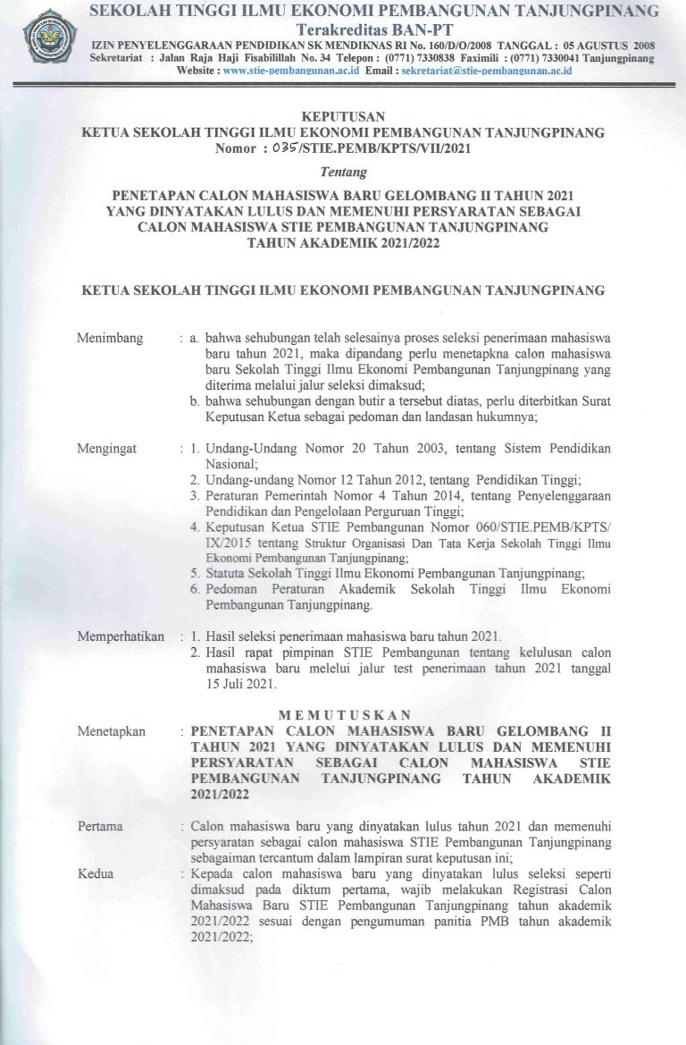 Pengumuman Kelulusan Penerimaan Mahasiswa Baru STIE Pembangunan Tanjungpinang Gelombang II  T.A 2021/2022