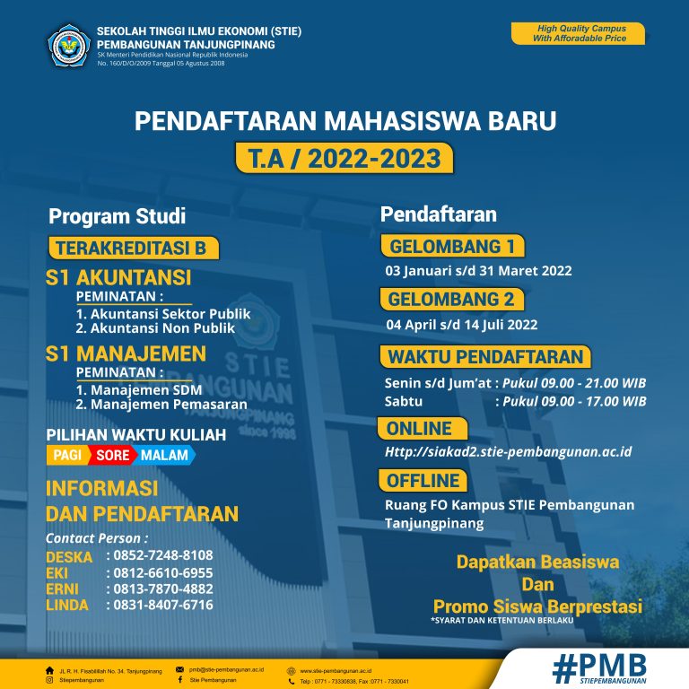 Penerimaan Mahasiswa Baru STIE Pembangunan Tanjungpinang T.A 2022/2023
