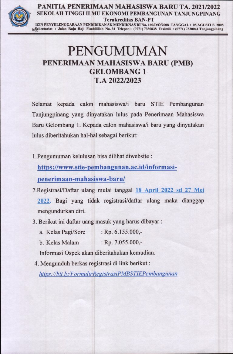 [UPDATE] Pengumuman Kelulusan Penerimaan Mahasiswa Baru Dan Daftar Ulang STIE Pembangunan Tanjungpinang Gelombang I Tahun Akademik 2022/2023