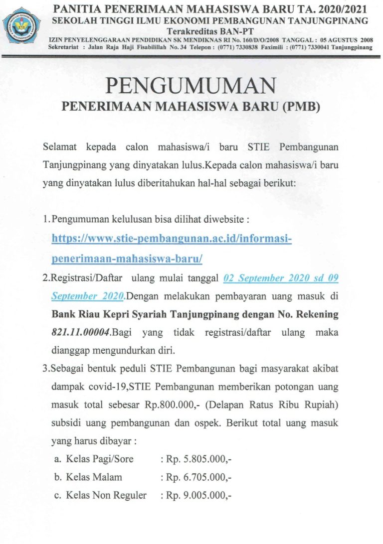 Pengumuman Kelulusan Mahasiswa Baru Tahun Akademik. 2020/2021 Gelombang III
