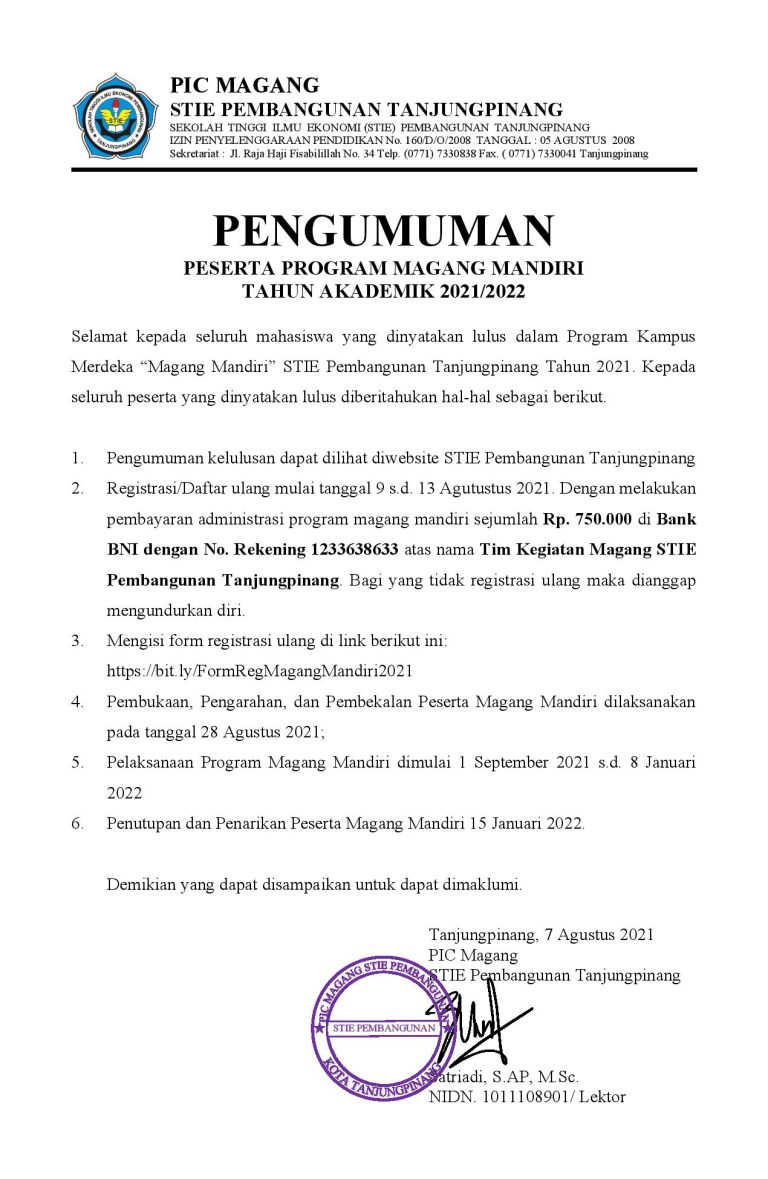 Pengumuman Seleksi Magang STIE Pembangunan Tanjungpinang