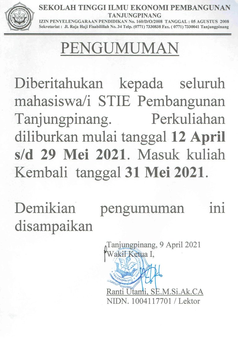 Pengumuman Libur Perkuliahan STIE Pembangunan
