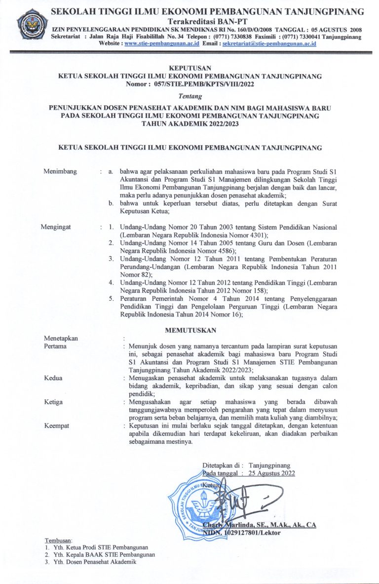 Nomor Induk Mahasiswa (NIM) Mahasiswa Baru STIE Pembangunan Tanjungpinang Tahun 2022-2023