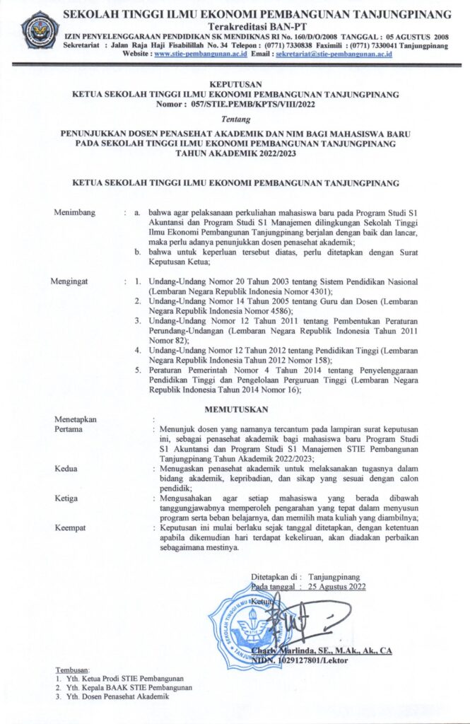 Nomor Induk Mahasiswa (NIM) Mahasiswa Baru STIE Pembangunan Tanjungpinang Tahun 2022-2023