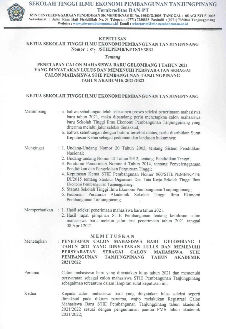 Pengumuman Kelulusan Penerimaan Mahasiswa Baru STIE Pembangunan Tanjungpinang Gelombang I  T.A 2021/2022