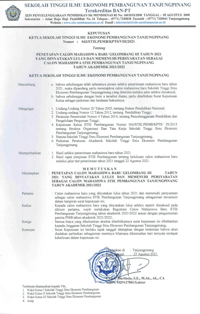 Pengumuman Kelulusan Penerimaan Mahasiswa Baru STIE Pembangunan Tanjungpinang Gelombang III T.A 2021/2022