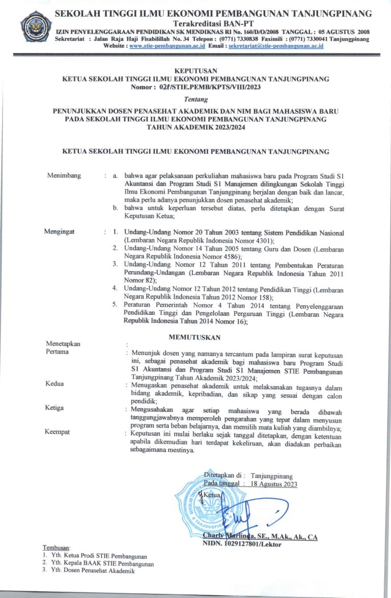 Nomor Induk Mahasiswa (NIM) Tahun 2023/2024 STIE Pembangunan Tanjungpinang