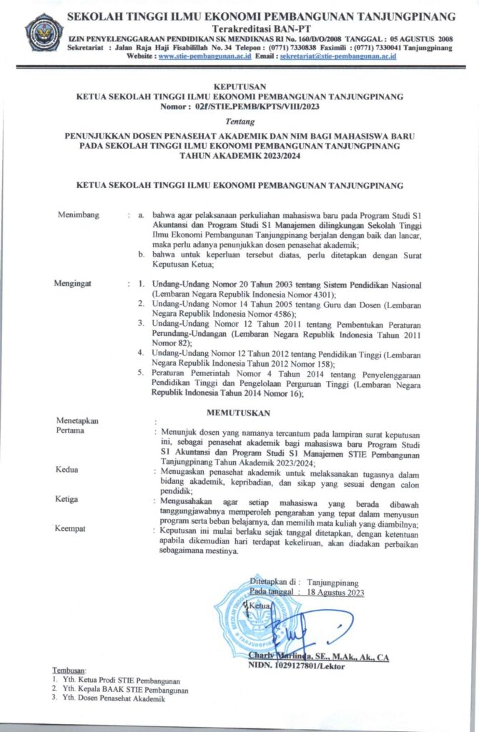 Nomor Induk Mahasiswa (NIM) Tahun 2023/2024 STIE Pembangunan Tanjungpinang
