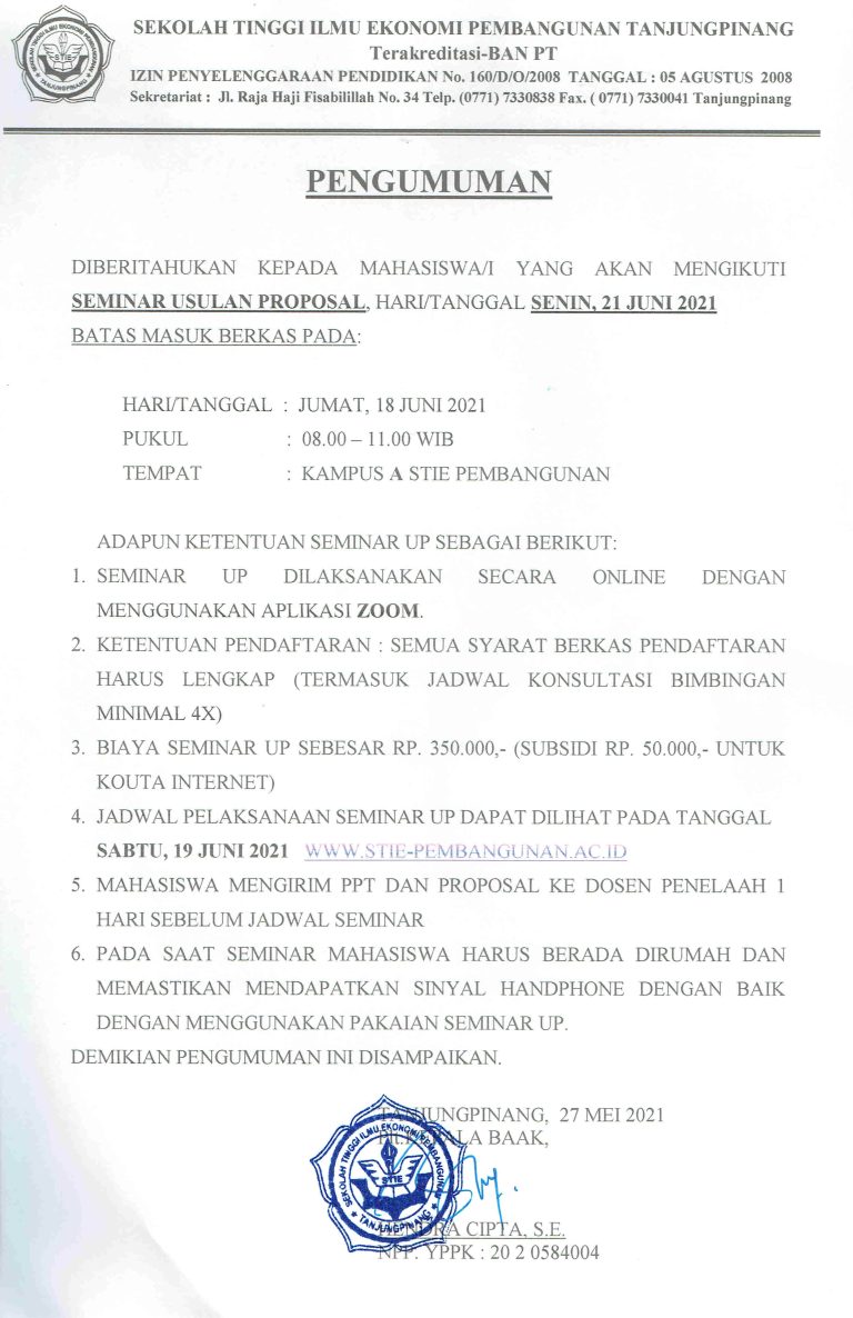 Pengumuman UP Senin, 21 Juni 2021
