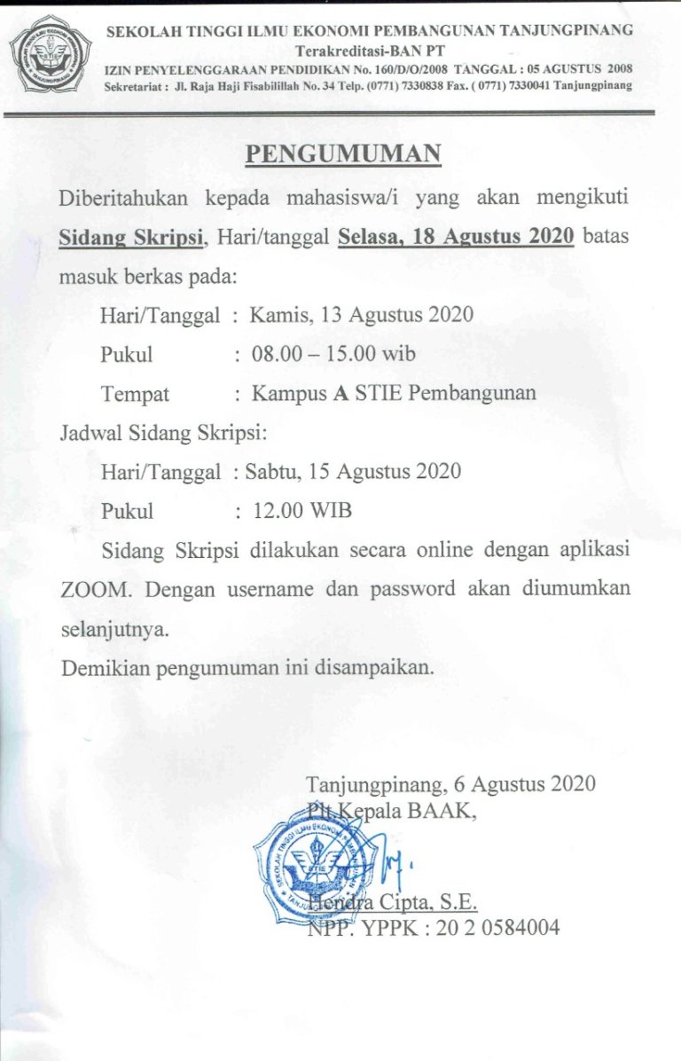 Pengumuman Sidang Semester Genap 2019/2020