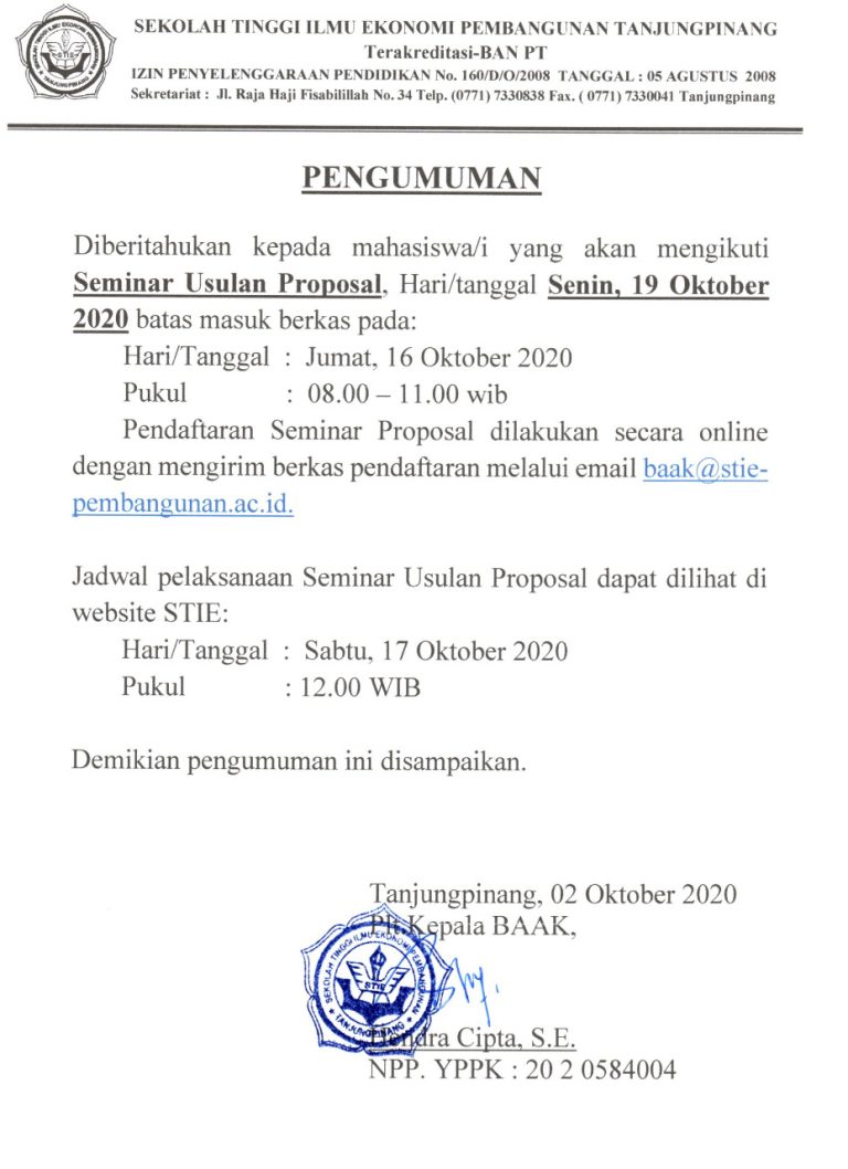 Pengumuman Seminar Usulan Peneltian 19 Oktober 2020