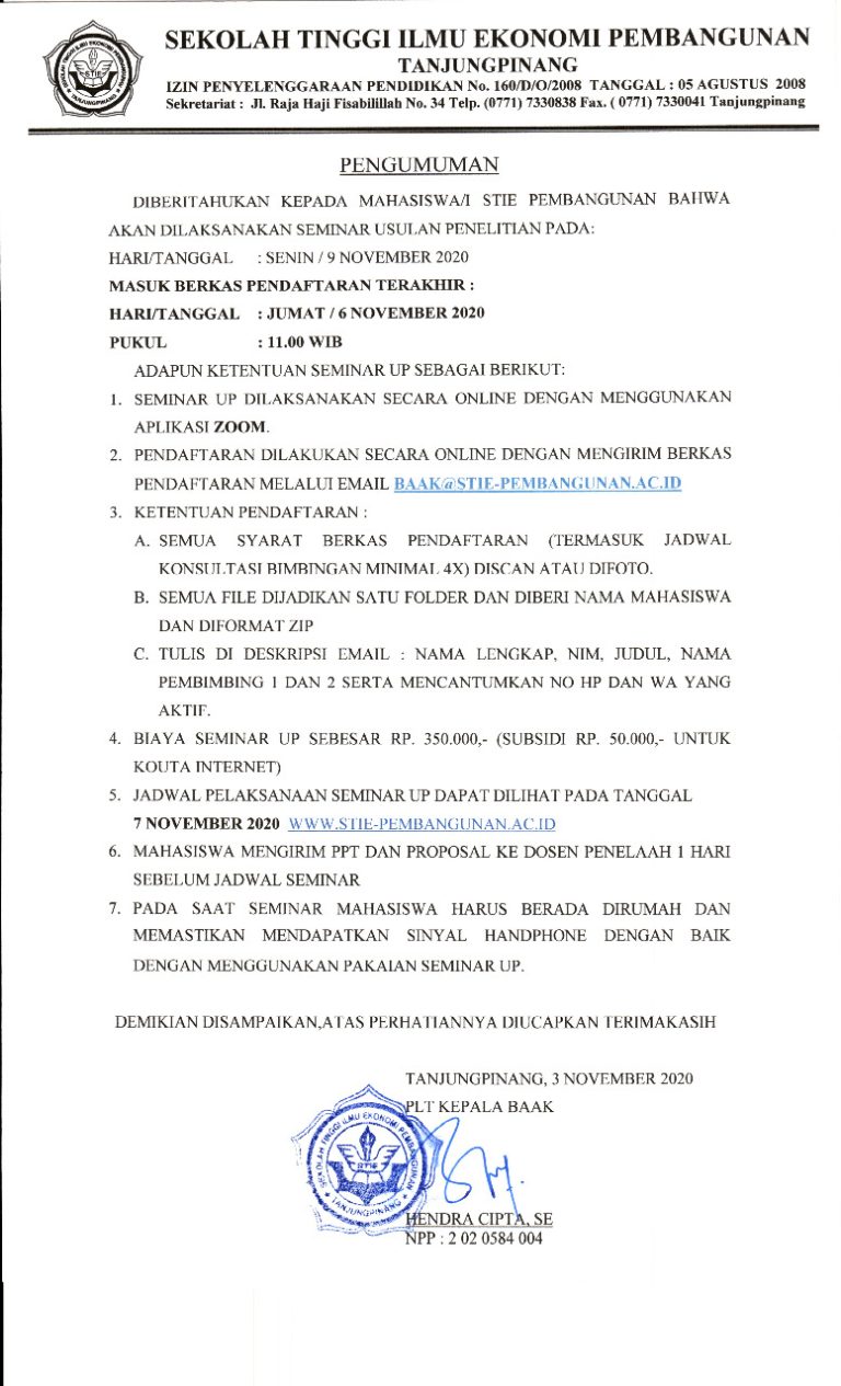 Pengumuman Seminar Usulan Penelitian, 9 September 2020