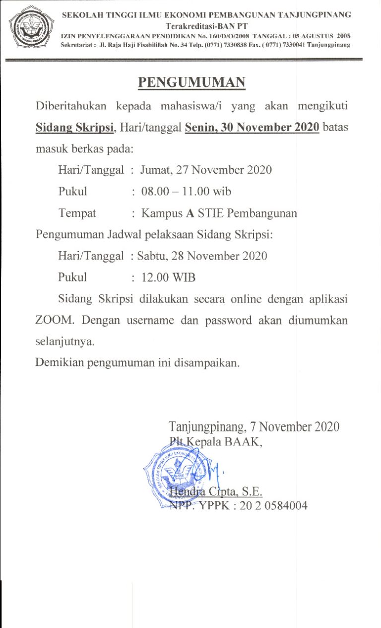 Pengumuman Sidang Skripsi, Senin 30 November 2020