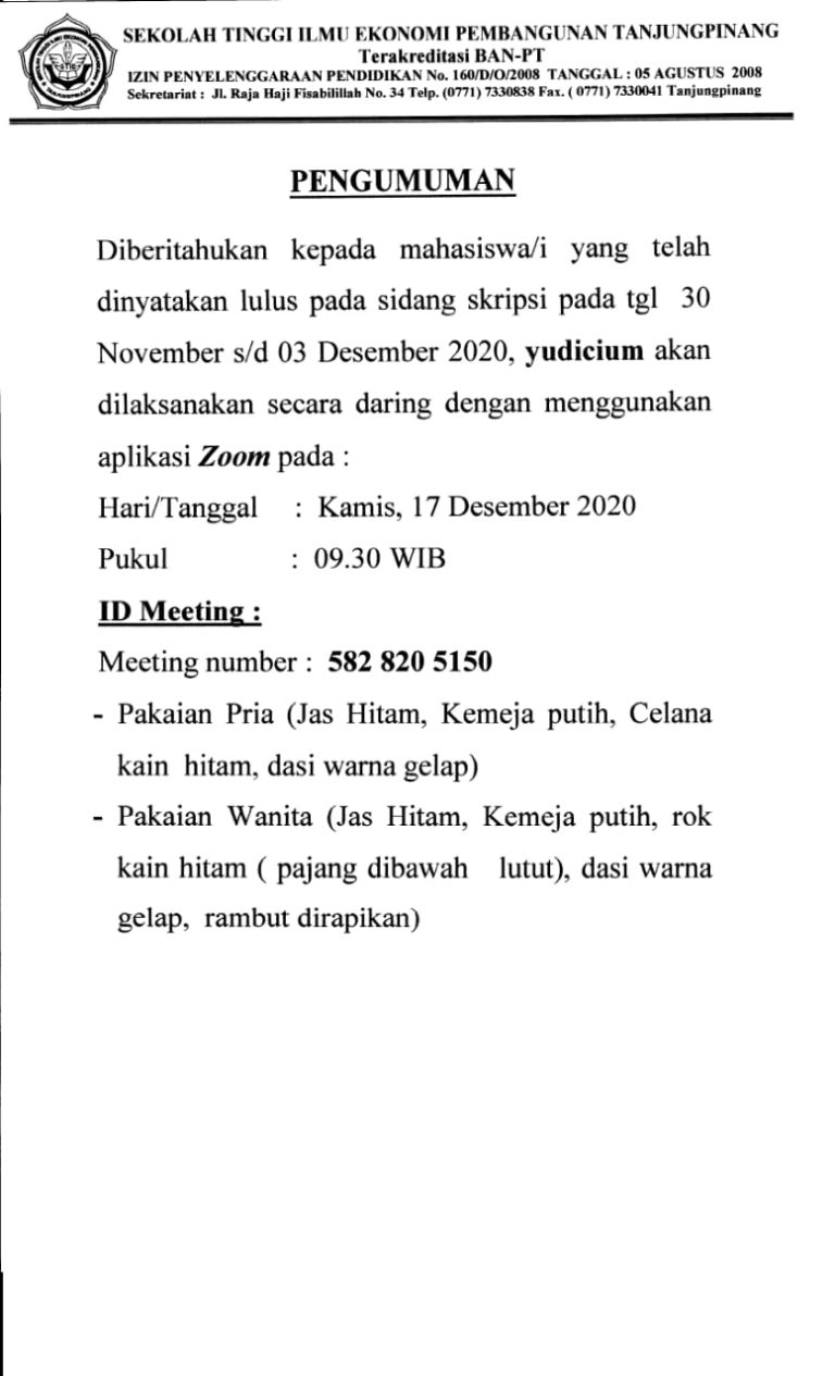 Pengumuman Yudicium, Kamis, 17 Desember 2020