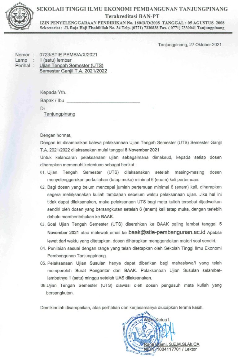Pengumuman UJian Tengah Semester T.A 2021-2022 STIE Pembangunan Tanjungpinang