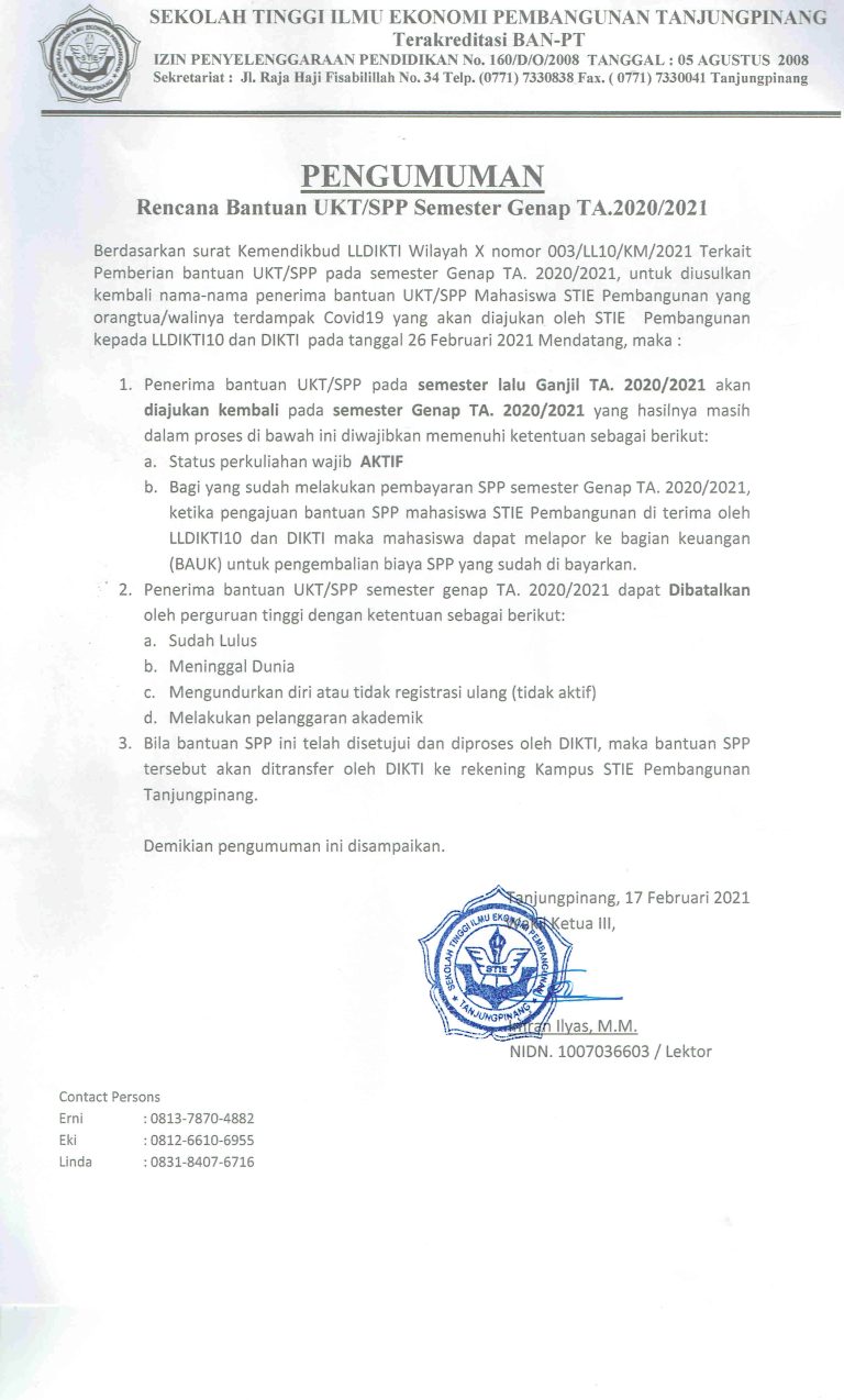 Bantuan UKT/SPP Semester Genap T.A 2020/2021
