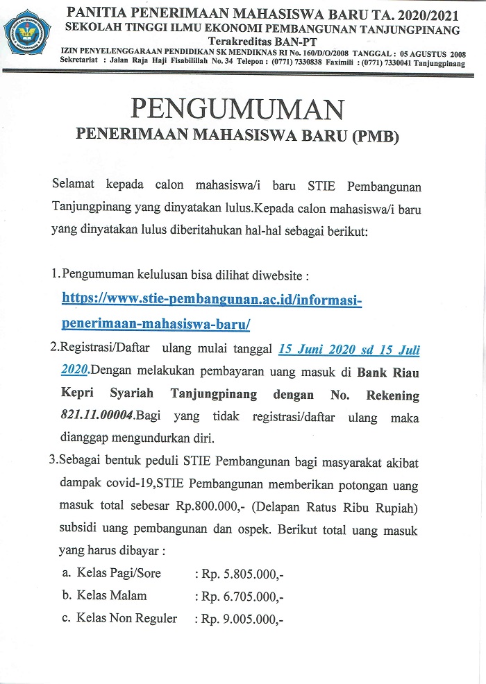 (Wajib Baca) Pengumuman Ketentuan Registrasi / Daftar Ulang Mahasiswa Baru T.A 2020/2021