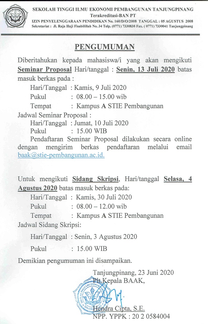 Pengumuman Seminar Proposal, 13 Juli 2020