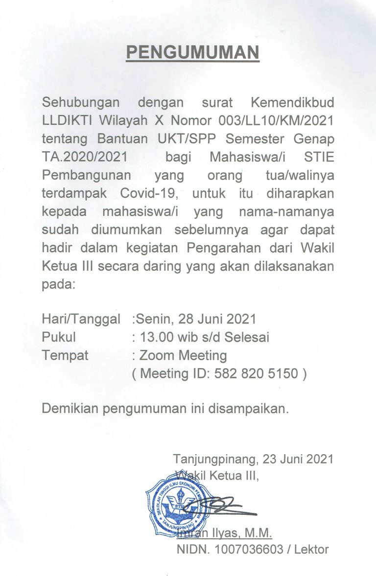 Pengarahan Bantuan UKT/SPP Dampak Covid-19 TA. 2020/2021 Genap STIE Pembangunan Secara Daring