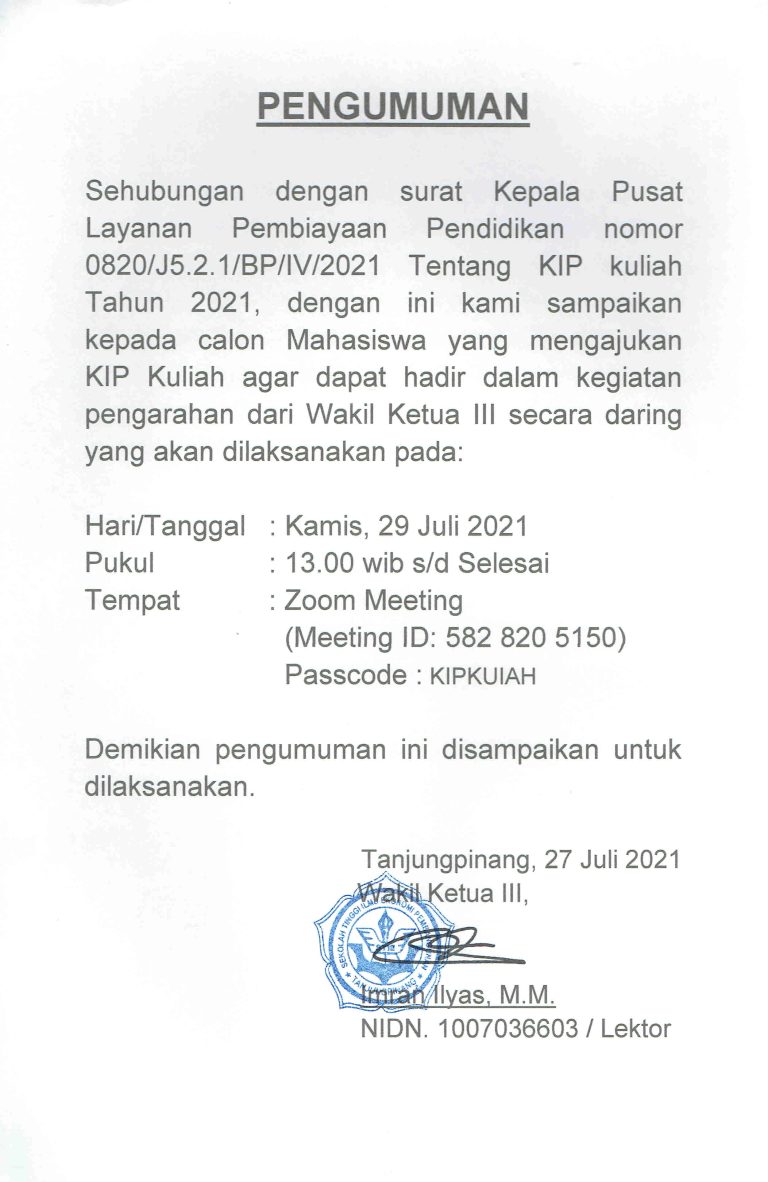 Pengarahan KIP Kuliah STIE Pembangunan Secara Online