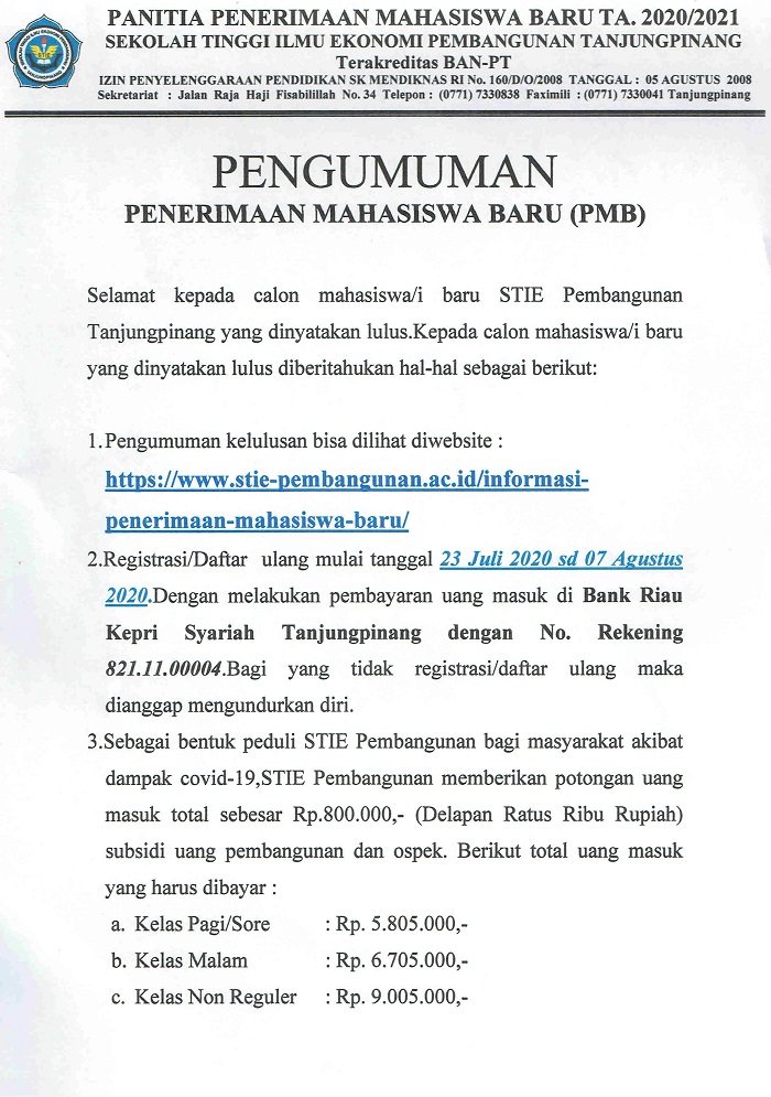 Pengumuman Kelulusan Mahasiswa Baru Tahun Akademik. 2020/2021 Gelombang II