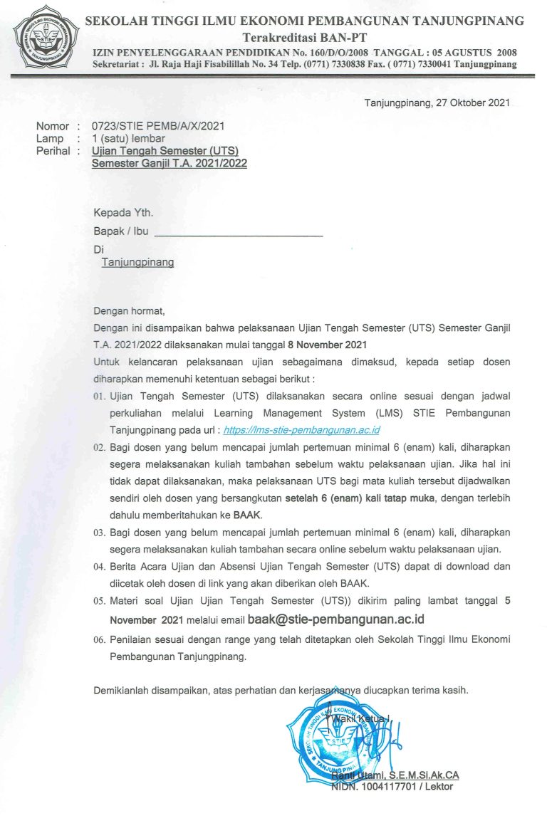 Pengumuman UJian Tengah Semester T.A 2021-2022 STIE Pembangunan Tanjungpinang