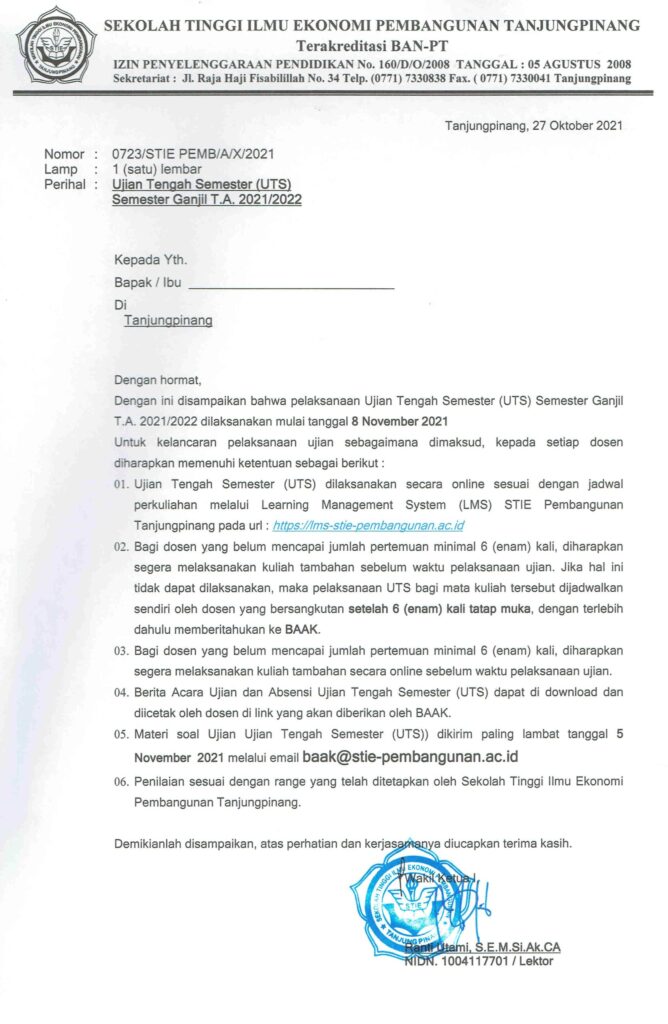 Pengumuman UJian Tengah Semester T.A 2021-2022 STIE Pembangunan Tanjungpinang