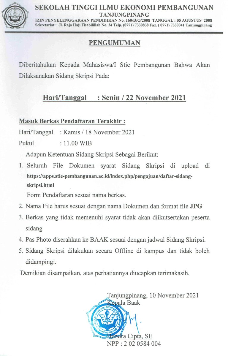 Pengumuman Sidang Skripsi, Senin 22 November 2021