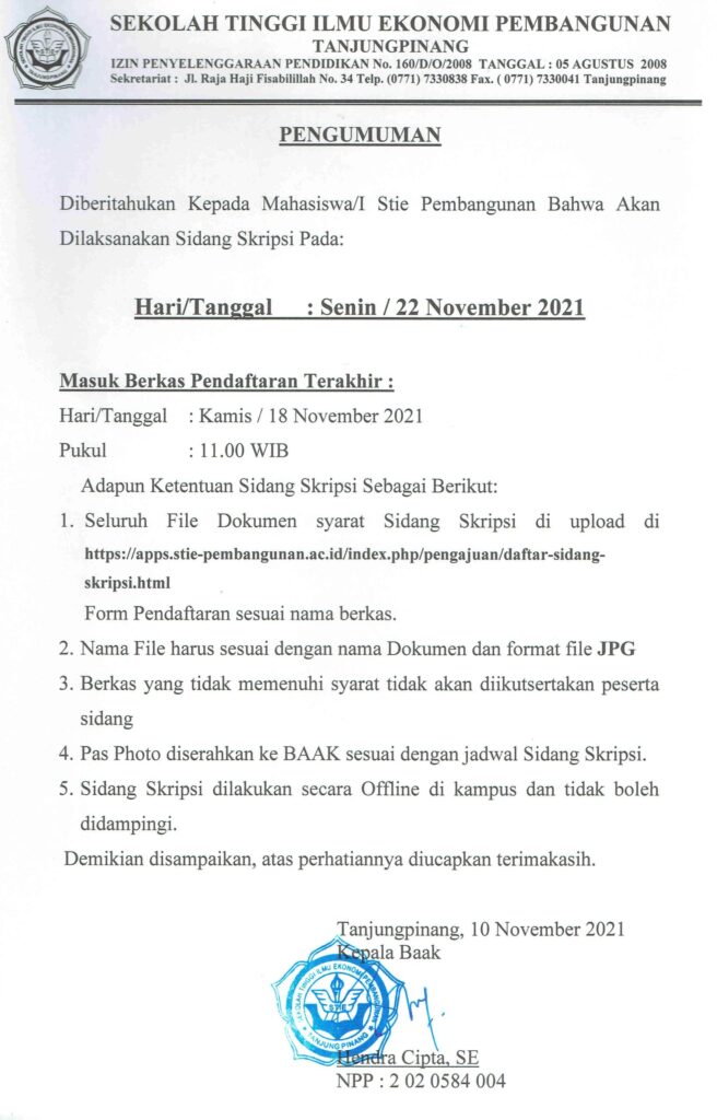 Pengumuman Sidang Skripsi, Senin 22 November 2021