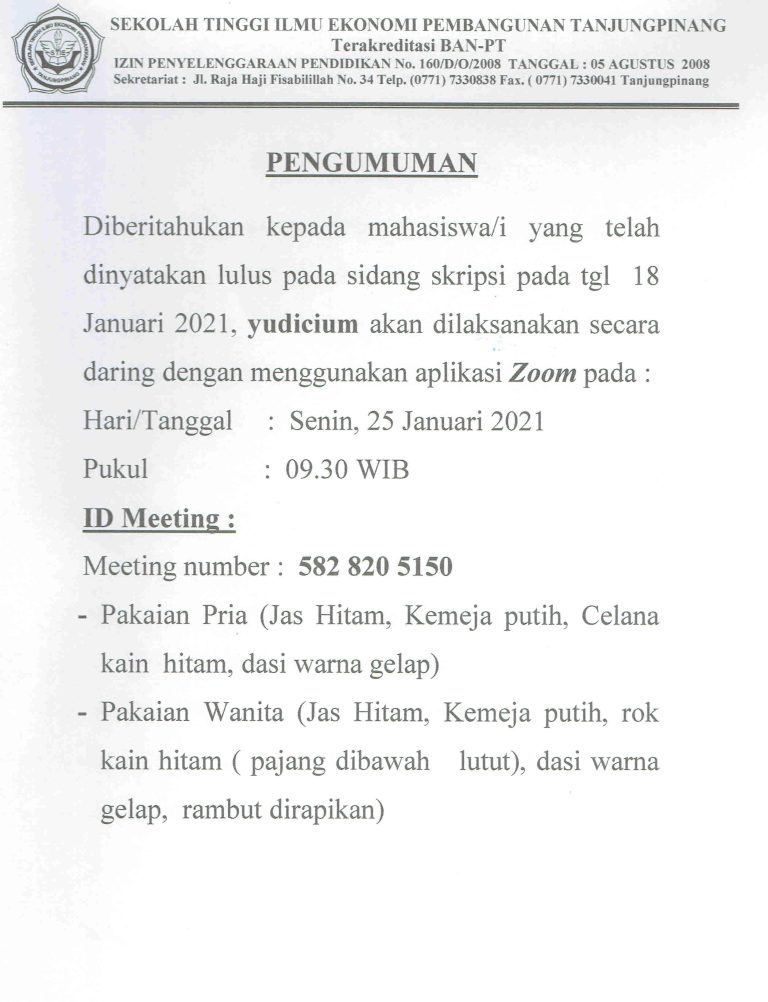 Pengumuman Yudicium, Senin 25 Januari 2021