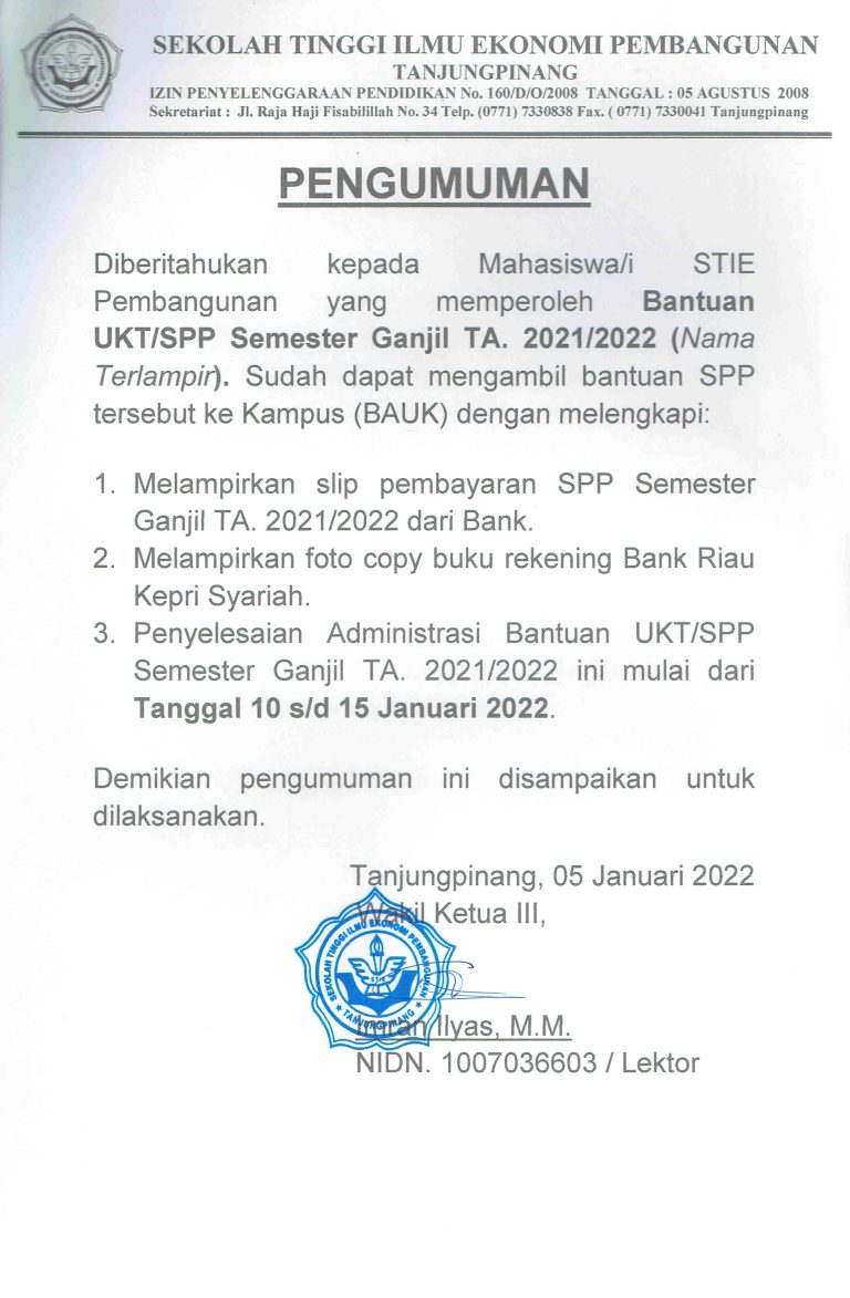 Penyerahan Bantuan UKT/SPP Semester Ganjil T.A 2021/2022.