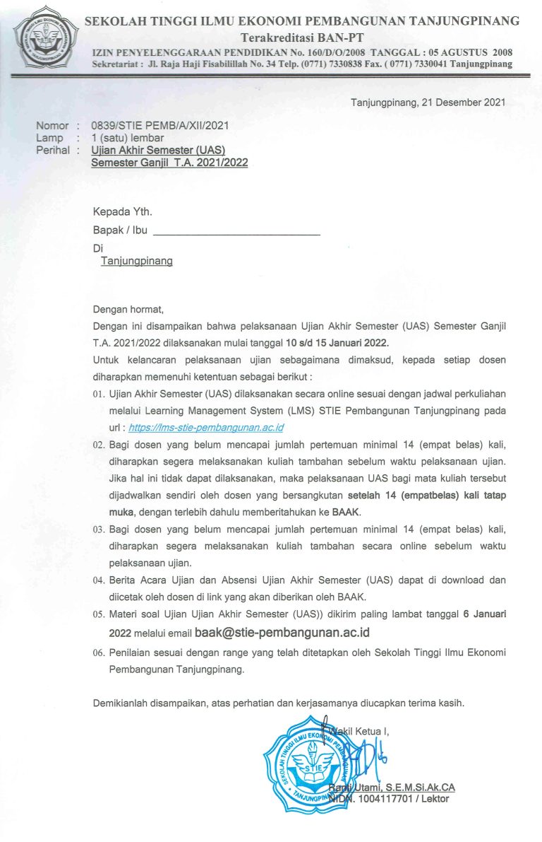 Pengumuman UAS Semester Ganjil T.A 2021/2022