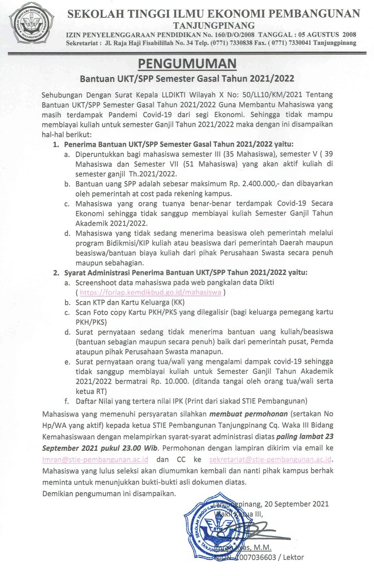 Pengumuman Bantuan UKT / SPP Semester Gasal Tahun 2021/2022