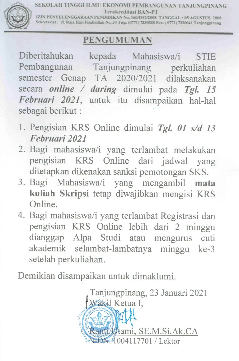 Pengumuman Pelaksanaan Perkuliahan Semester Genap dan KRS Online T.A 2020/2021 Genap