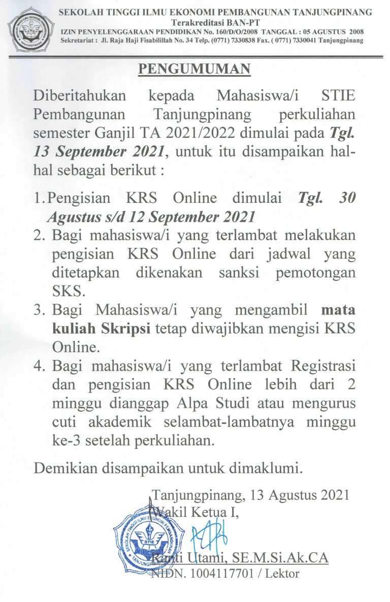 Pengumuman Perkuliahan Dan Pengisian KRS T.A 2021/2022 Ganjil