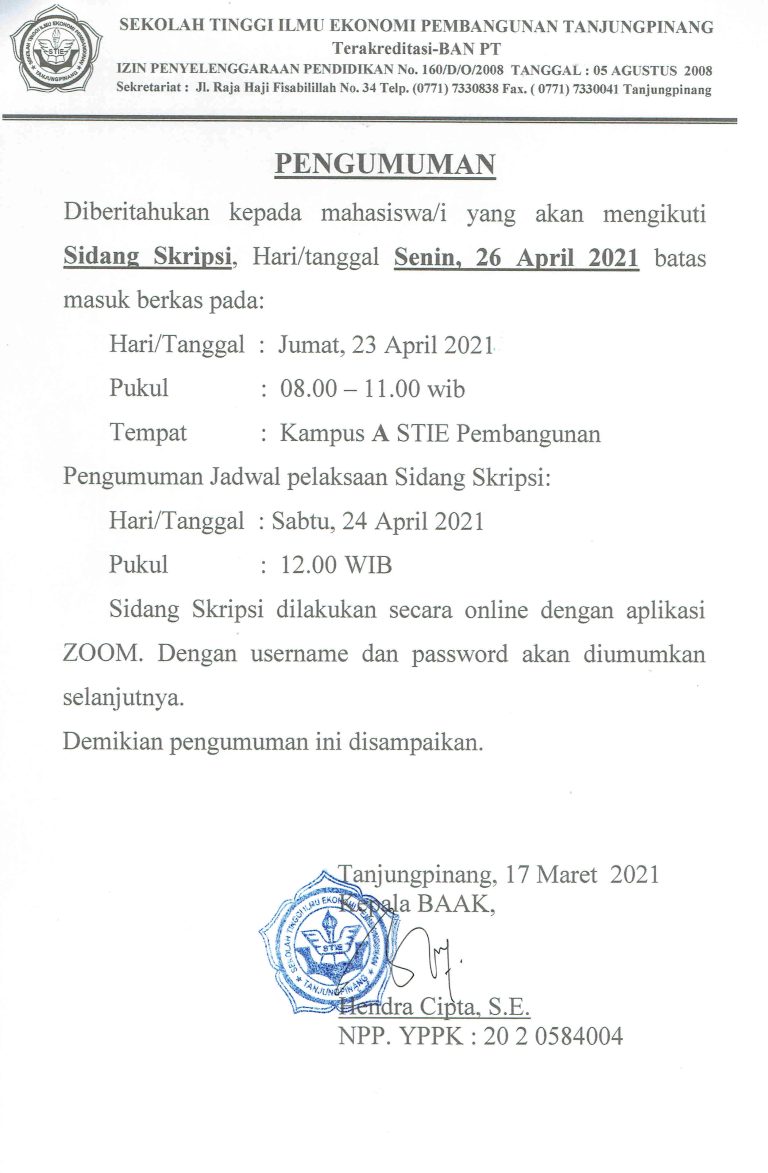 Pengumuman Sidang Skripsi Senin, 26 April 2021