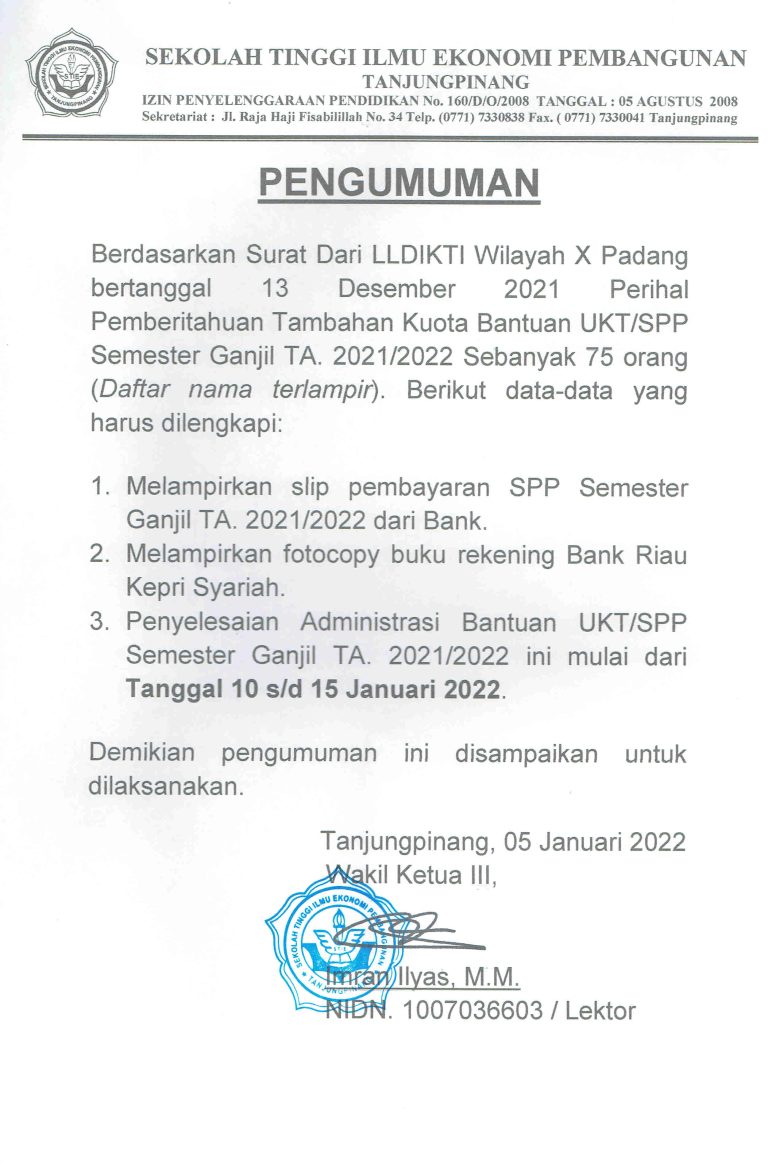 Penyerahan Kouta Tambahan Bantuan UKT/SPP Semester Ganjil T.A 2021/2022