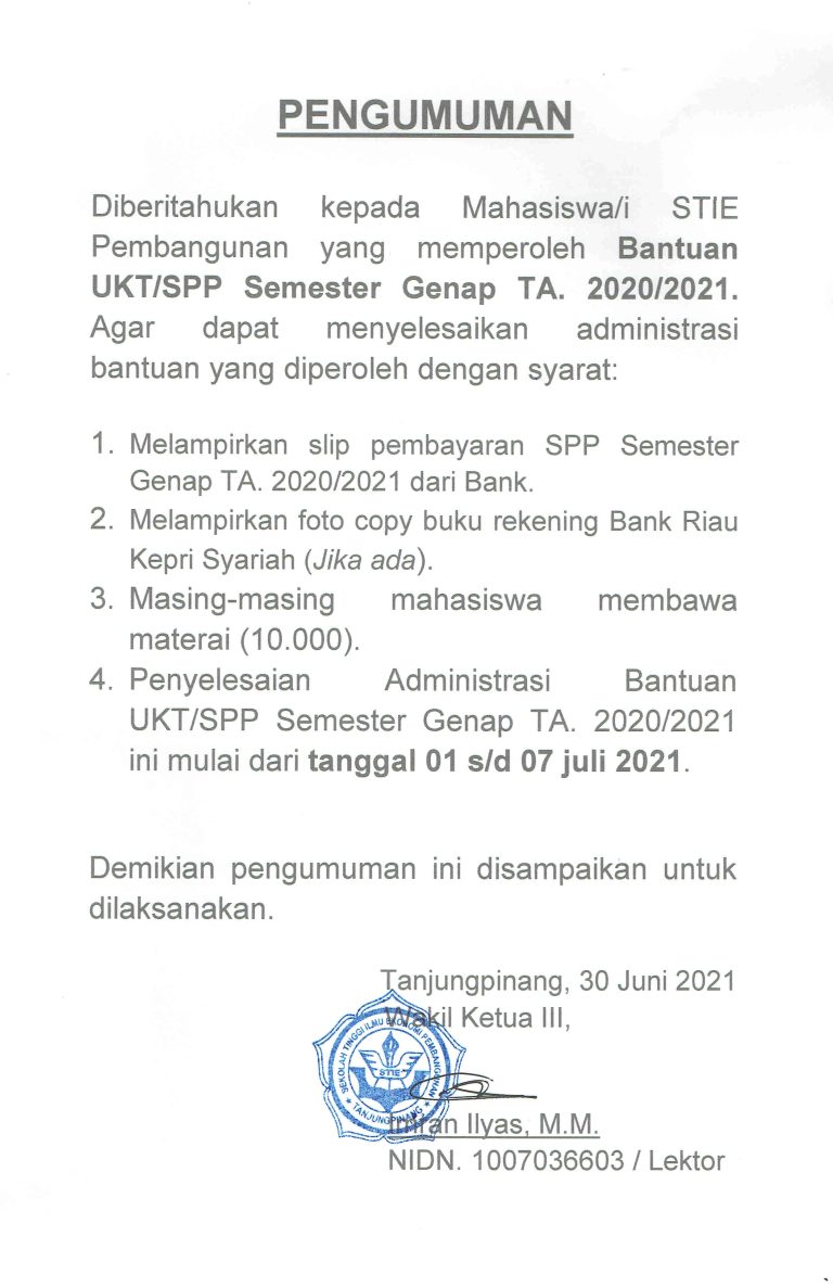 Pemberitahuan Penyelesaian Administrasi Bantuan UKT/SPP T.A 2020/2021 Genap