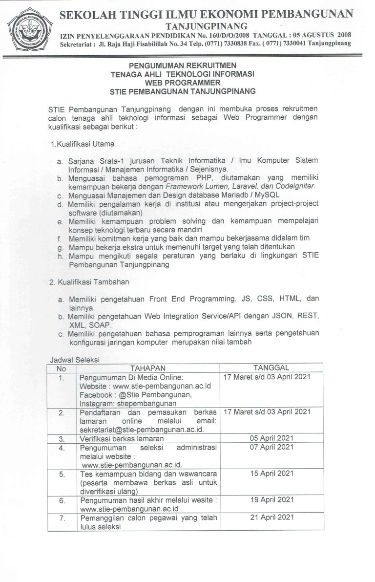 Open Recruitment Web Programmer STIE Pembangunan