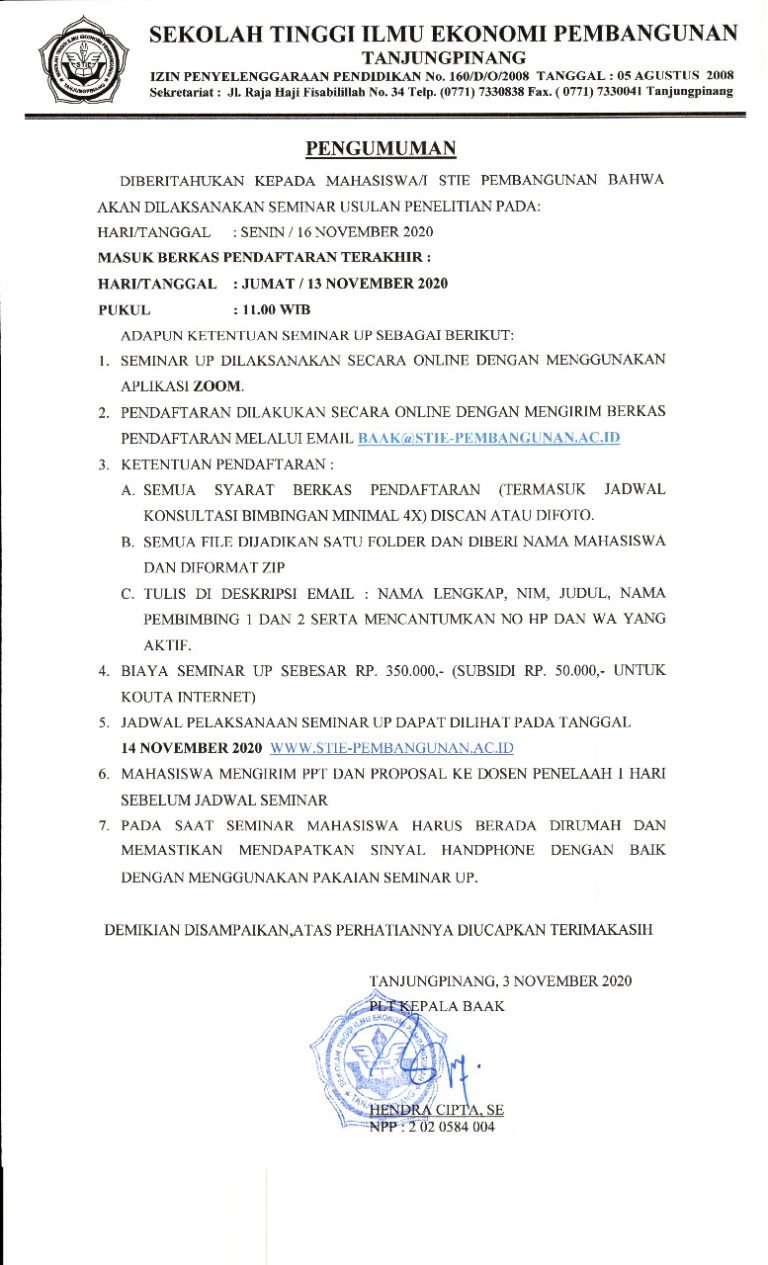 Pengumuman Seminar UP Jum’at, 13 November 2020