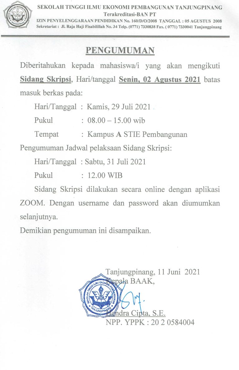Pengumuman Sidang Skripsi Senin, 02 Agustus 2021