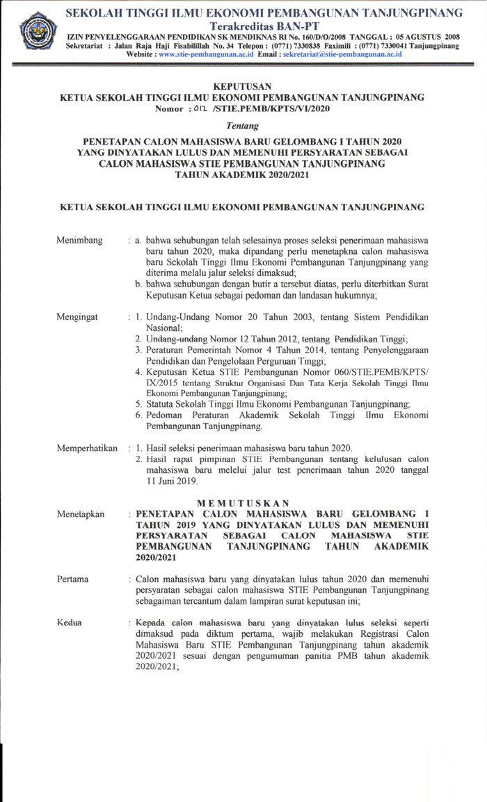 Pengumuman Kelulusan  Mahasiswa Baru  Tahun Akademik. 2020/2021
