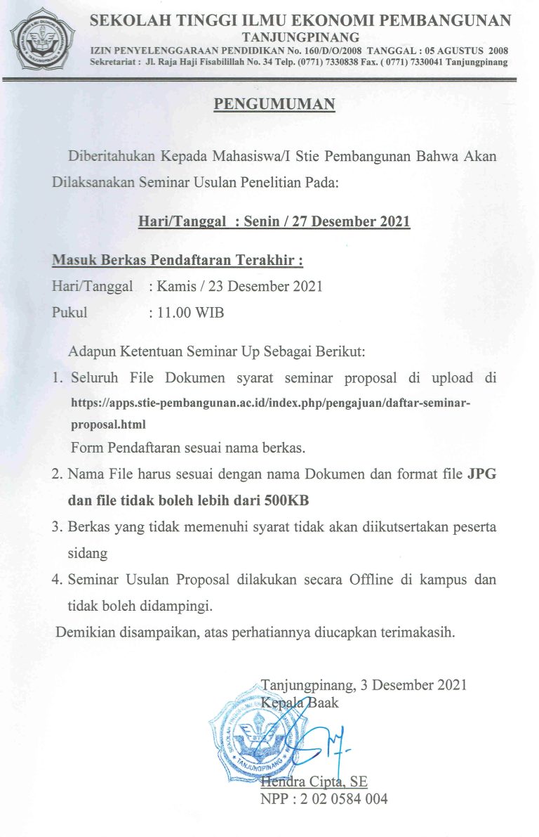 Pengumuman Pelaksanaan Seminar UP dan Sidang Skripsi STIE Pembangunan Tanjungpinang