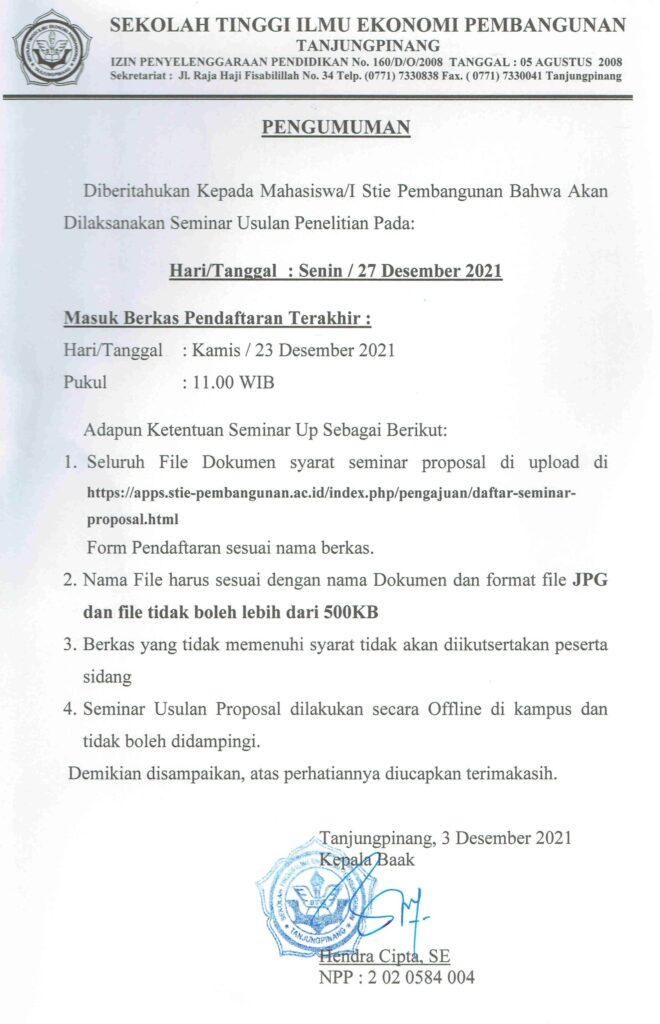 Pengumuman Pelaksanaan Seminar UP dan Sidang Skripsi STIE Pembangunan Tanjungpinang